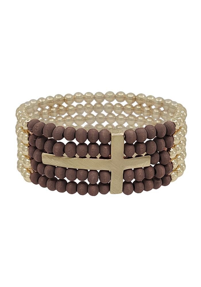 EMB-1118 Cross Wood Bracelet, Color: Brown