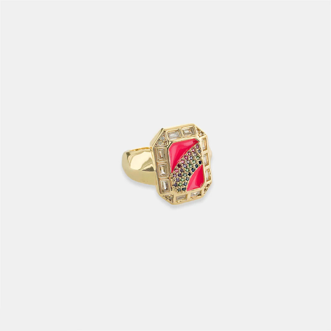 LRN098   Enamel Signet Rainbow ring with colored background, Color: Hot Pink