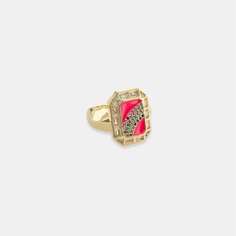 LRN098   Enamel Signet Rainbow ring with colored background