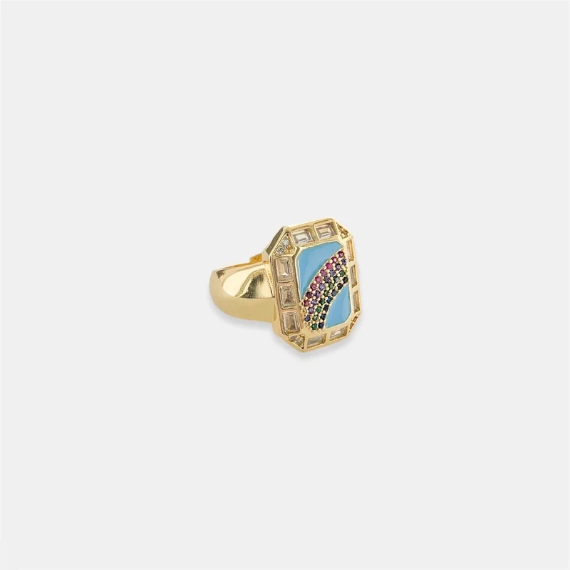 LRN098   Enamel Signet Rainbow ring with colored background