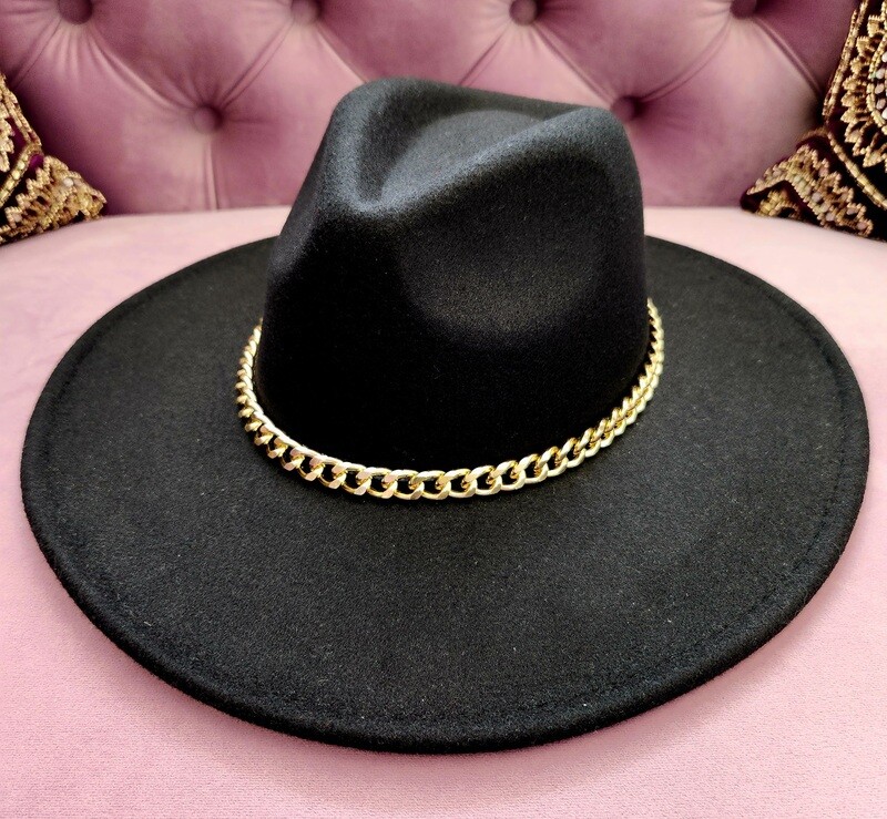 FY279   Felt Fedora Hat w/ Chain Black