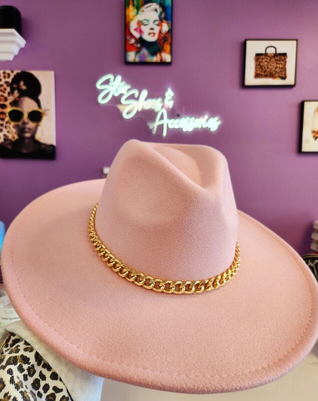 FY279   Felt Fedora Hat w/ Chain Pink