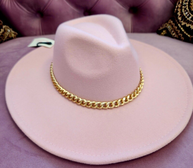 FY279   Felt Fedora Hat w/ Chain Pink