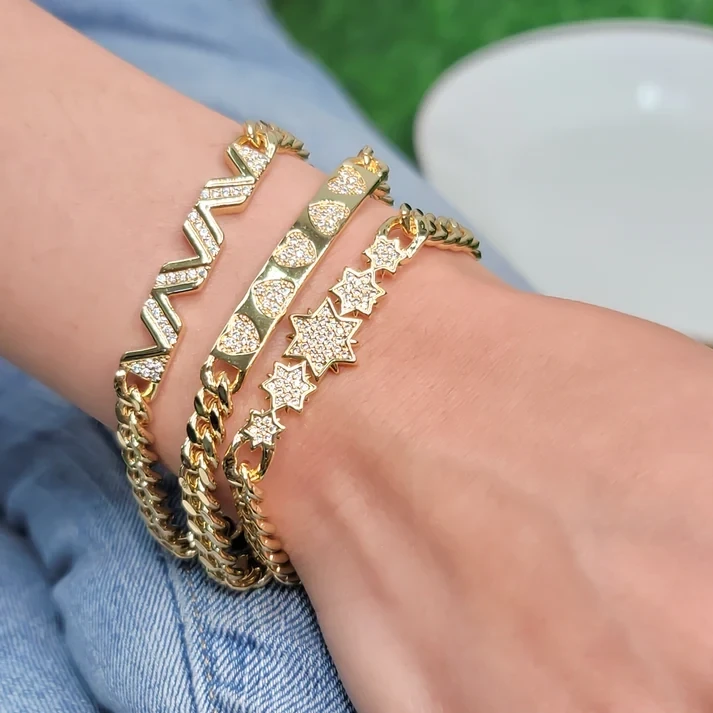 LBR153   Starburst Curb Chain Bracelet   Gold