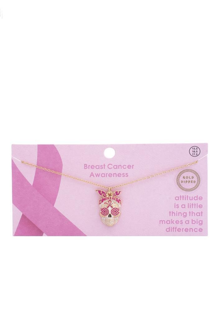 N-7639   Sugar Skull Breast Cancer Awareness Necklace, Color: Gold
