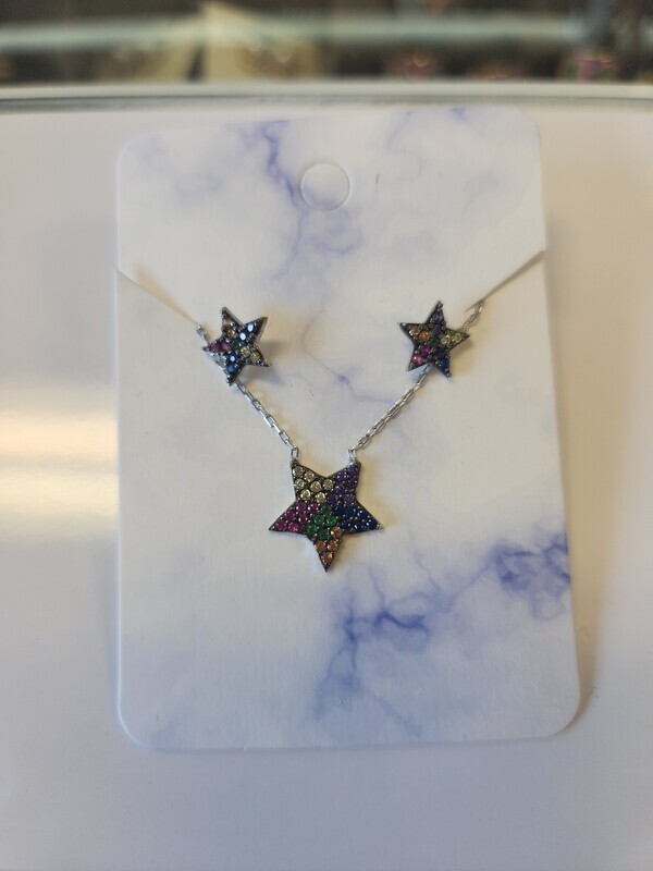 Silver Colorful star Earring &amp; Necklace Set