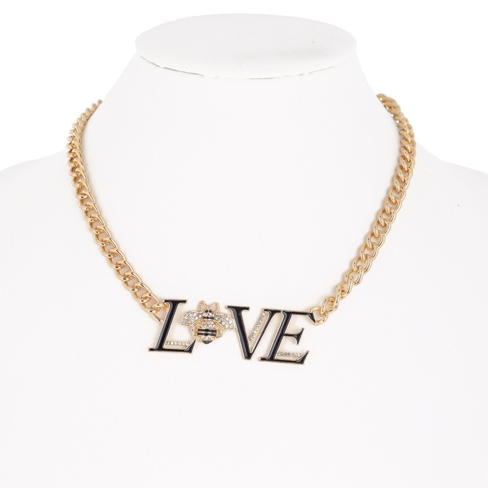 SLN6972   Bees Love Unique Pendant Chain Necklace, Color: Black