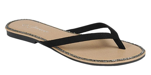 Fannie-100    Rhinestone Flat Sandals, Color: Black, Size: 5