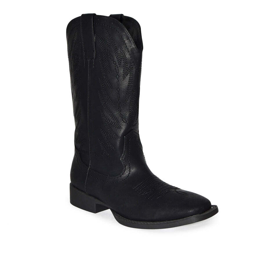 West-01   Faux Leather Western Square Toe Cowboy Boots, Color: Black, Size: 6