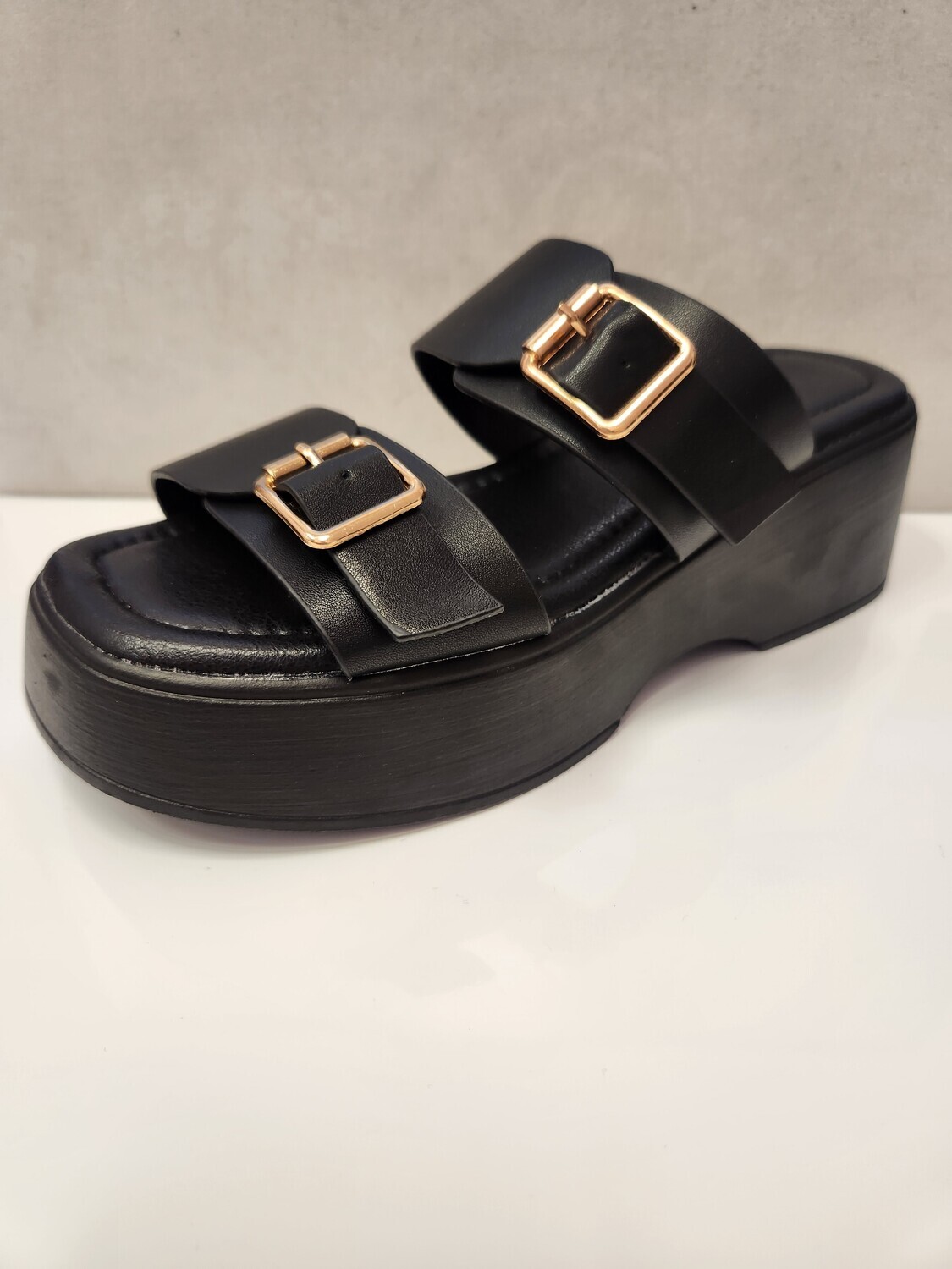 Abelana-08   Double Strap with Buckles Wedge Sandal, Color: Black, Size: 5 1/2