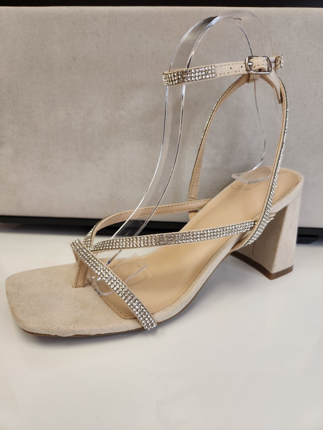 Vana-20   Rhinestone Strappy Open Toe Heel, Color: Nude, Size: 5 1/2