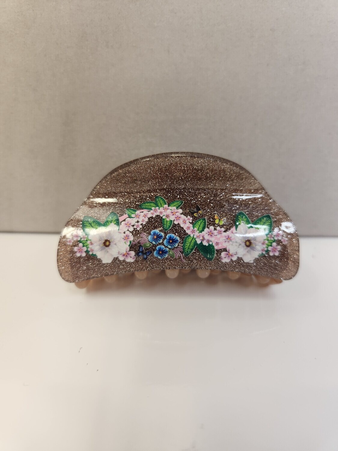 Acrylic Medium Hair Clips   Glitter  Brown with flowers