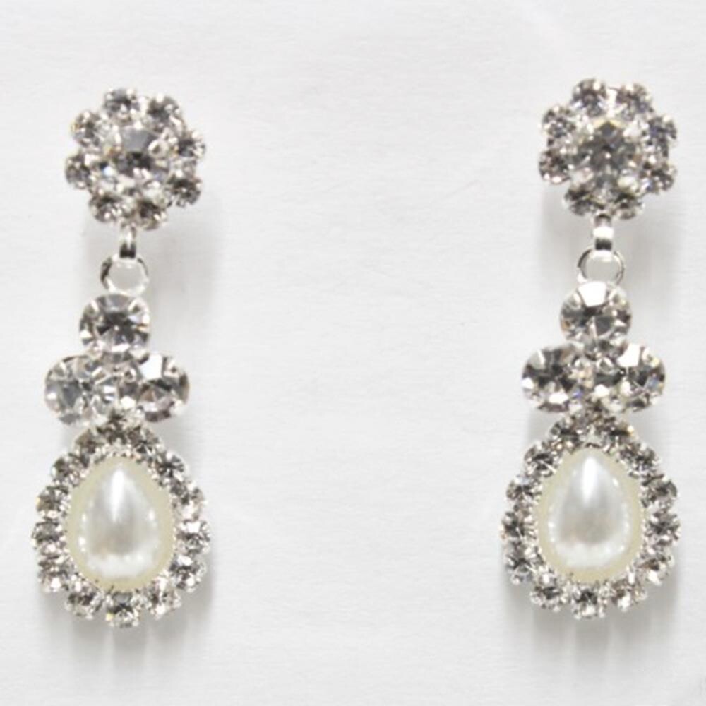 E-6664   Teardrop Pearl Rhinestone Dangle Earrings, Color: Silver