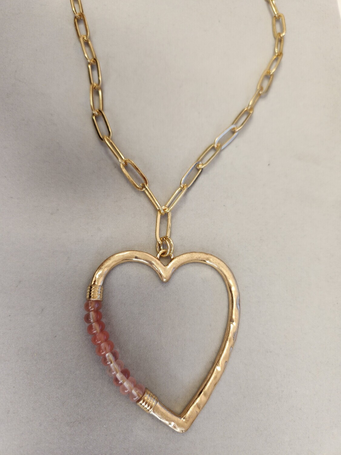 Long Gold Neckalce with Gold Heart and Pink Beads