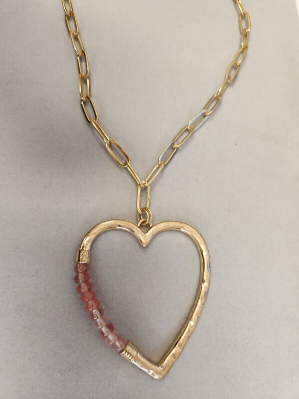 Long Gold Neckalce with Gold Heart and Pink Beads