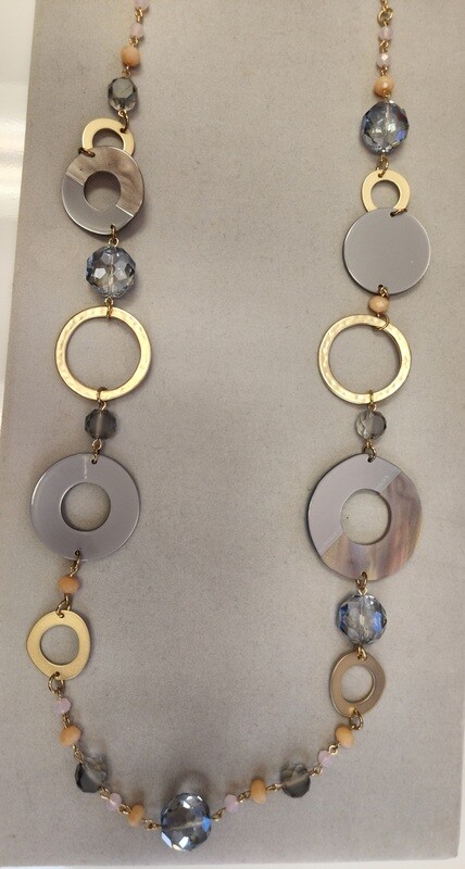 Long Gold Necklace Multi Color discs and beads