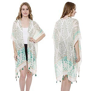 Chic Abstact Print Long Cover Up Kimono w/ Tassel Edges   Green