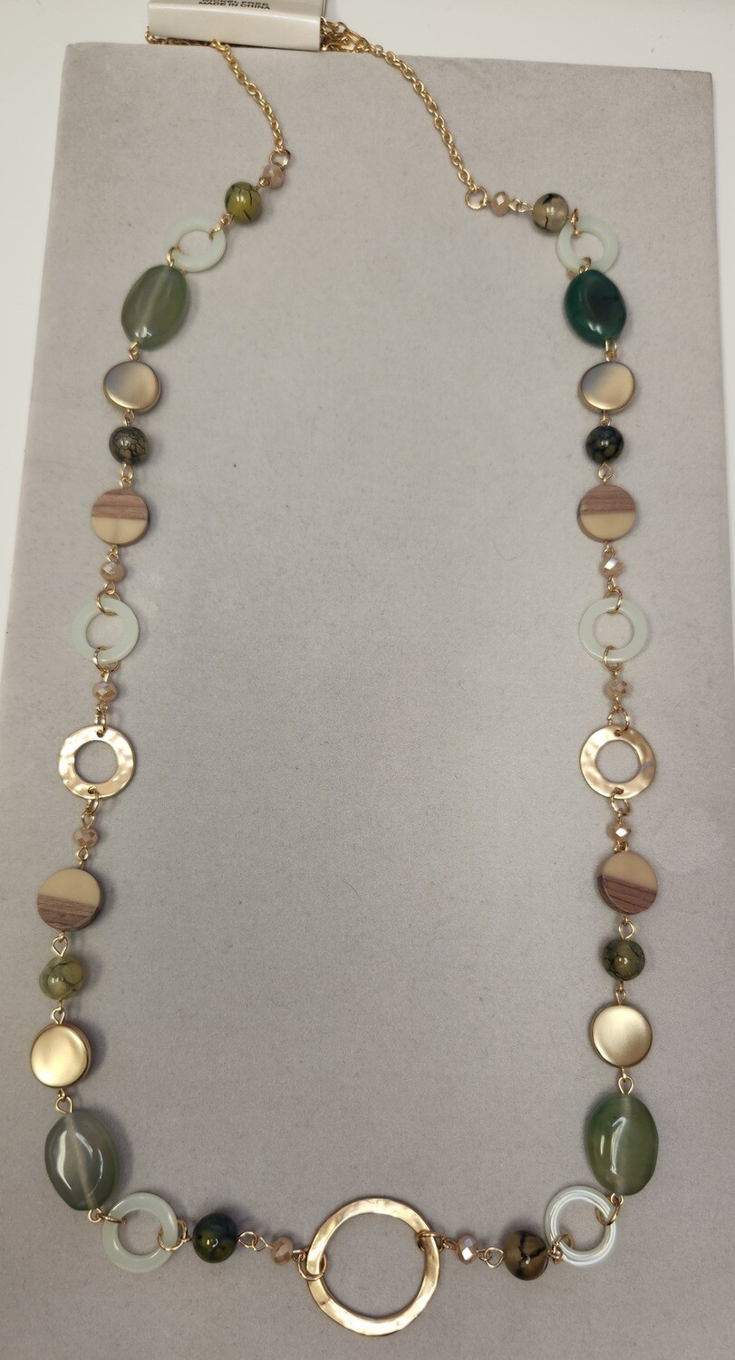 Long Gold Necklace w/ Discs and green and brown beads