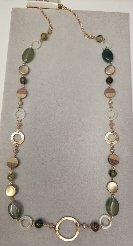 Long Gold Necklace w/ Discs and green and brown beads