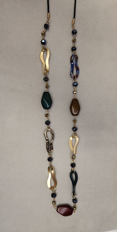 Long Gold Necklace Multi Color warped discs and beads