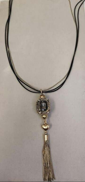 Long Gold Necklace with round 5 gem Pendant with Tassel