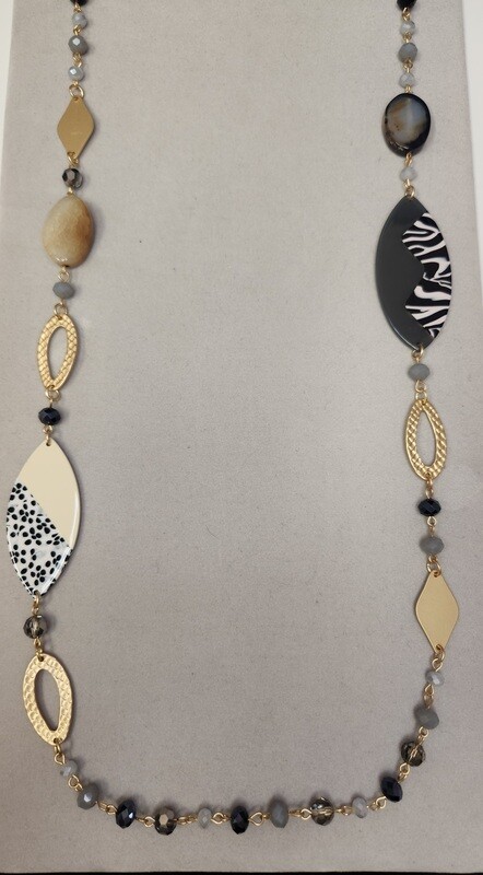 Long Gold Necklace with black and tan discs and beads