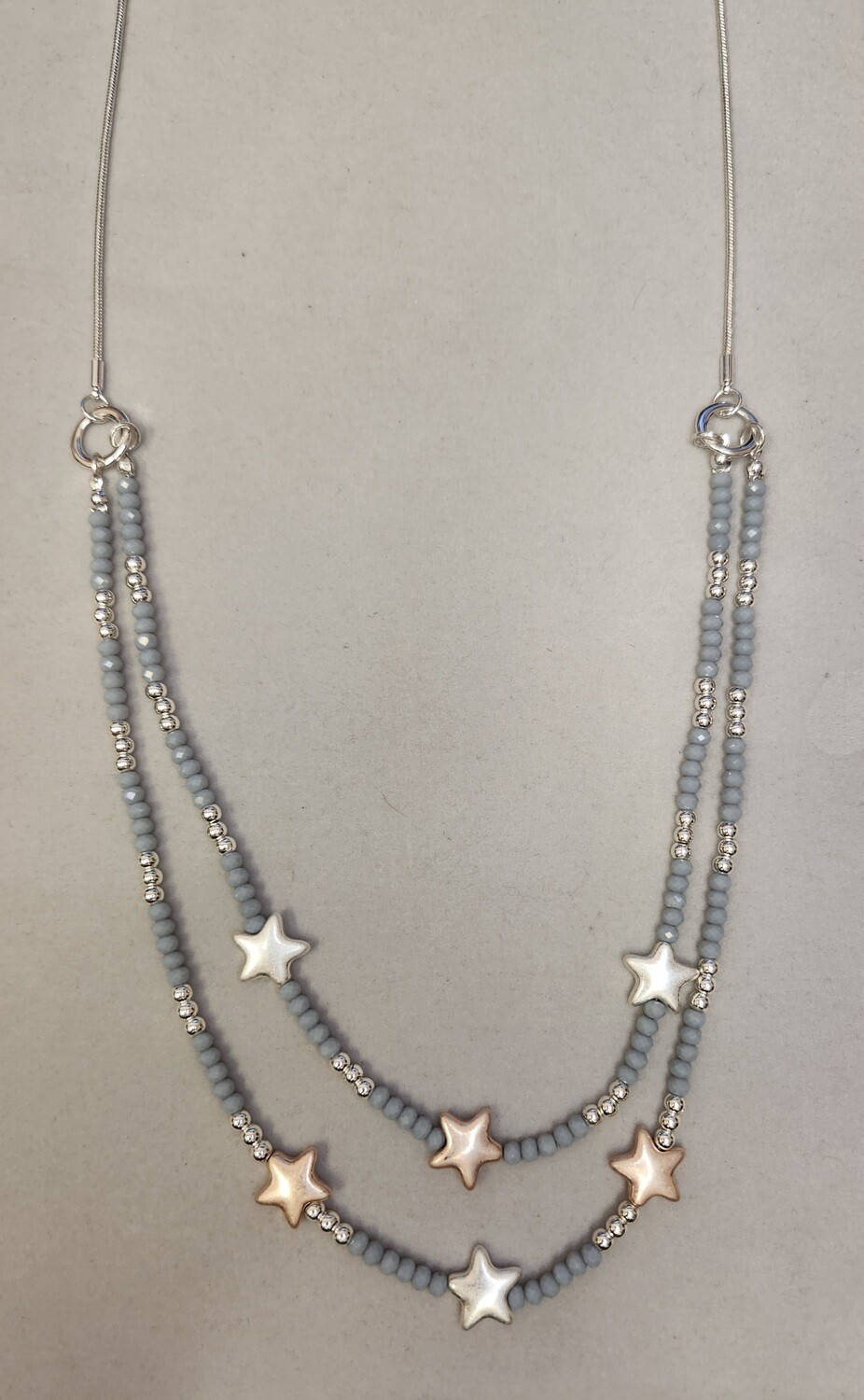 Long Silver Necklace with 2 layers of stars and beads