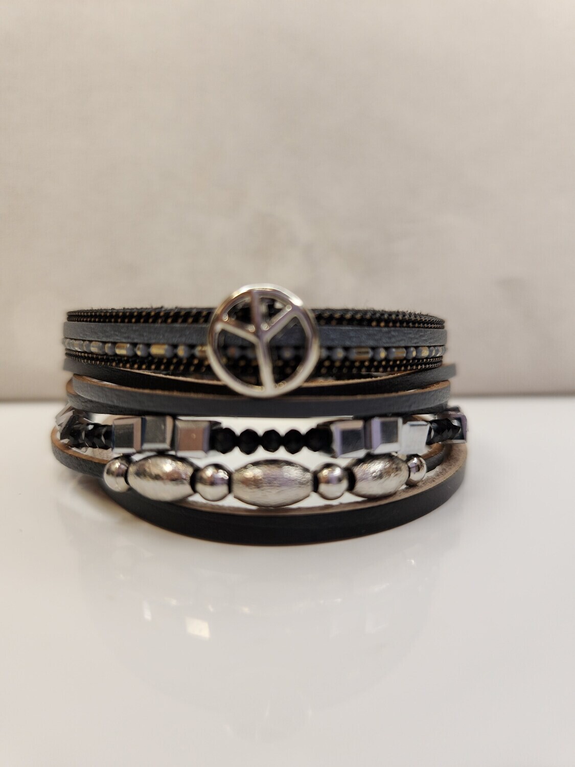 Magnetic Bracelet Black and Grey Leather and Beads with Peace Sign