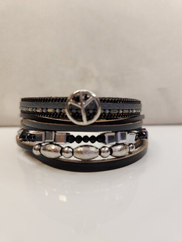 Magnetic Bracelet Black and Grey Leather and Beads with Peace Sign
