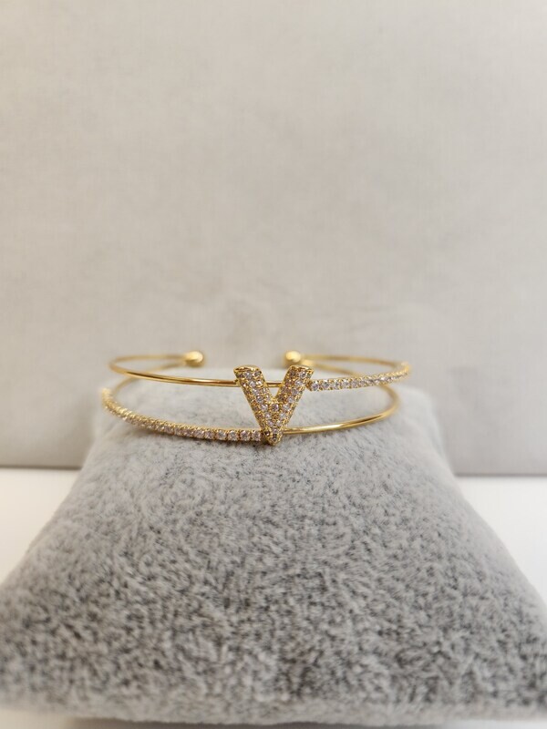 Cuff Bracelet   Gold   Rhinestones with a V