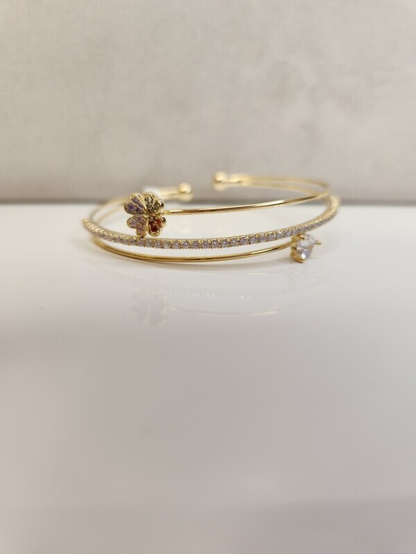 Cuff Bracelet   Gold   Rhinestones with flower and heart