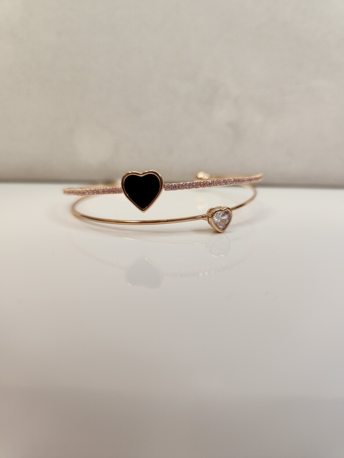 Cuff Bracelet   Rose Gold   pink rhinestones with Black and white heart