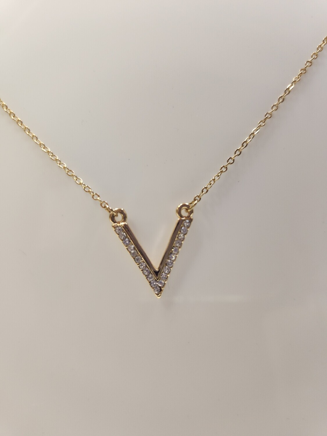 Gold Filled Necklace with Rhinestone V
