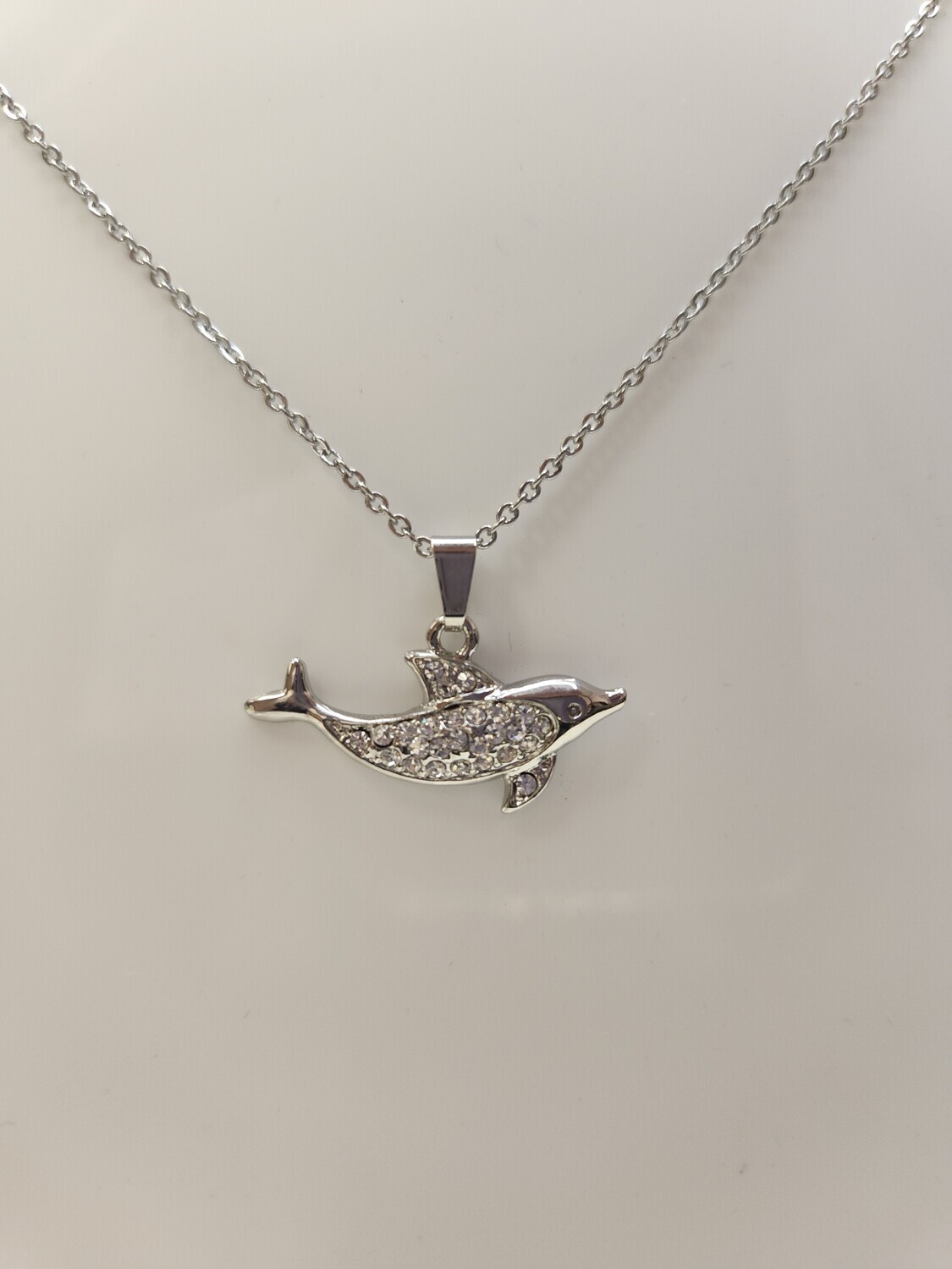 Silver Necklace with Rhinestone Dolphin