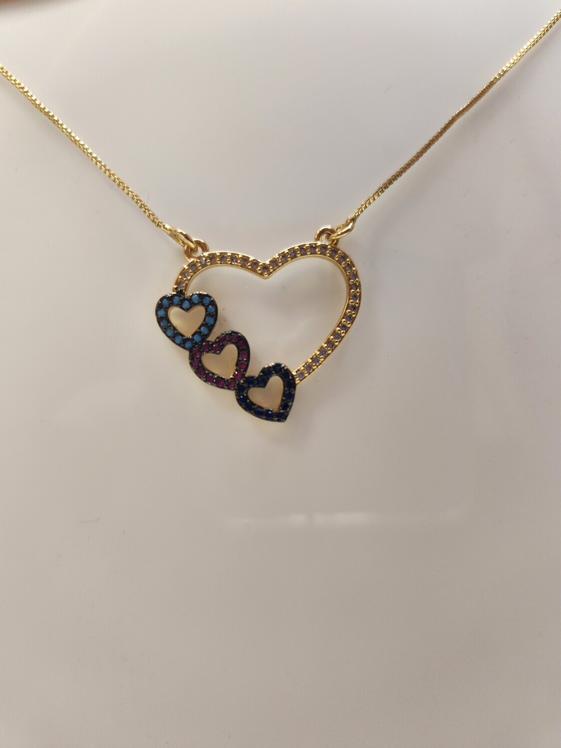 Gold Filled Necklace with white rhinestone and 3 colored hearts