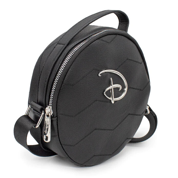 Women&#39;s Round Crossbody Bag - Disney Signature D Silver Logo with Chevron Zig Zag Stitch Black