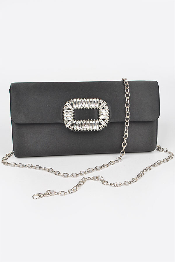 HPC5600   Satin Rhinestone Buckle Clutch, Color: Black