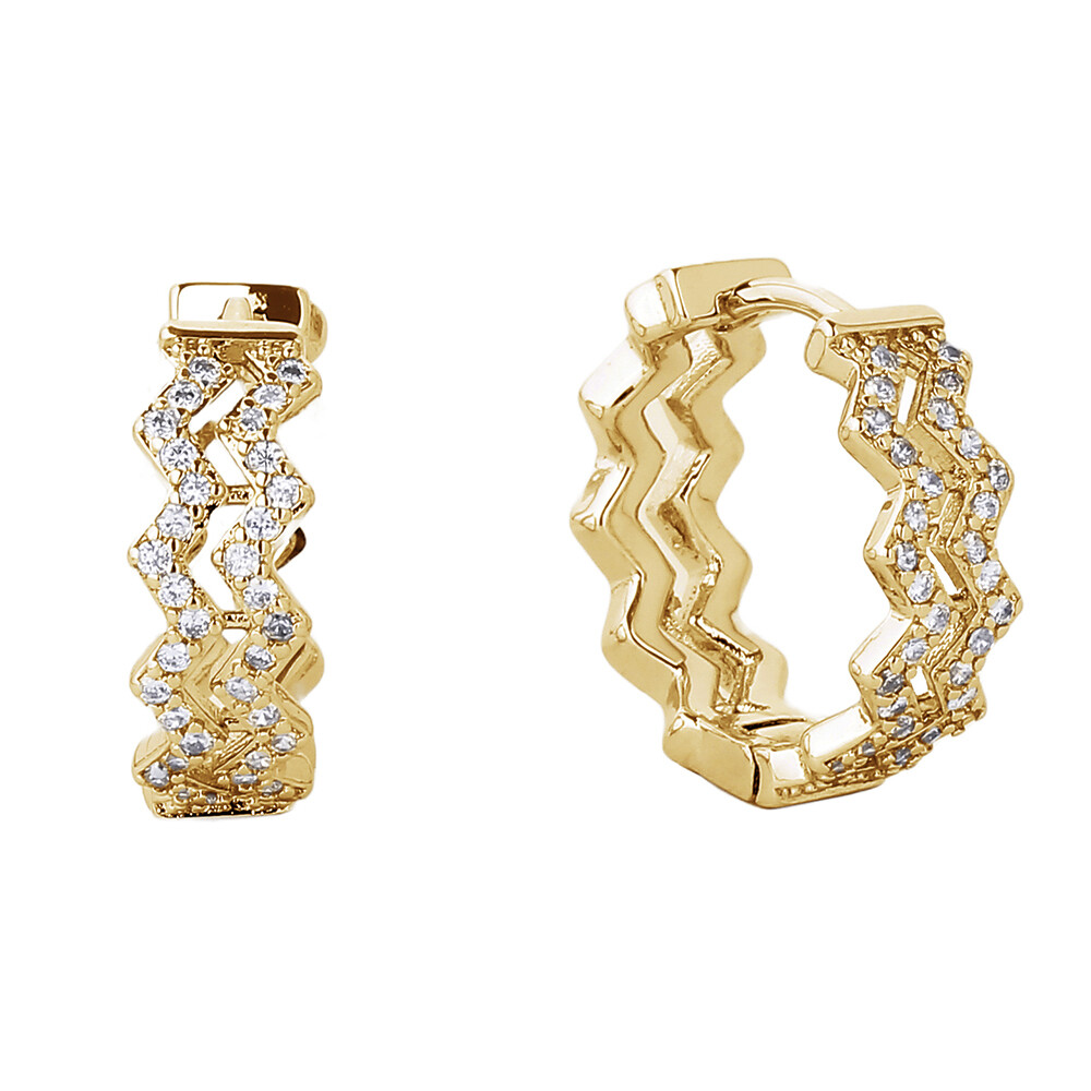 SJE-310206   14K Gold/White Gold Dipped Huggie Hoop CZ Paved Earring   , Color: Gold