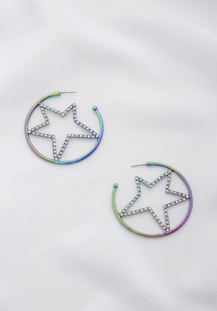 TE-2696   Iridescent Star open Hoop Earrings