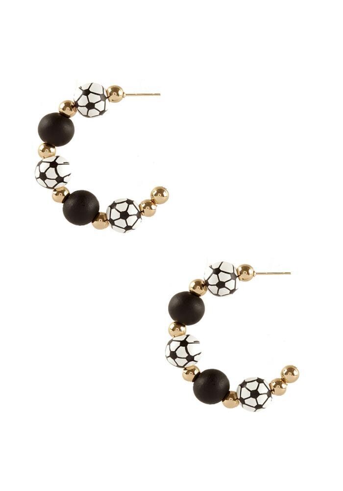 EE-3456   Wood Soccer Hoop Earrings   Gold/Black