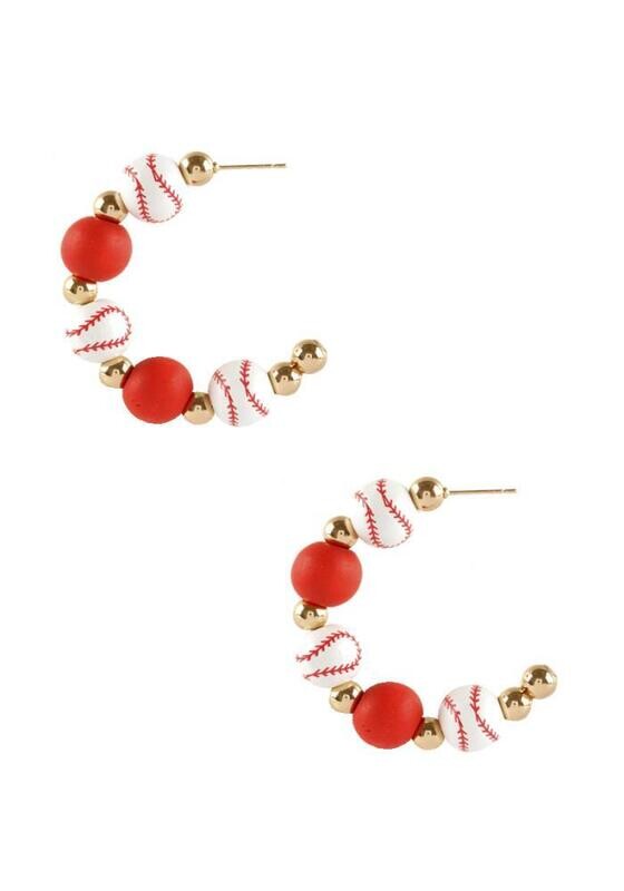 EE-3456   Wood Baseball Hoop Earrings   Gold/Red