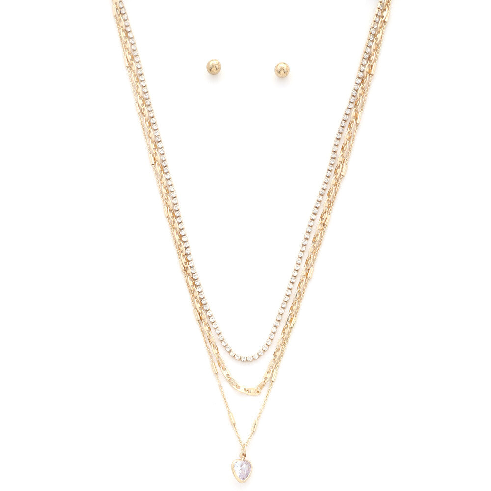 JKN-158   Heart Rhinestone Chain Layered Necklace Set
