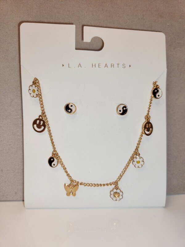 Peace sign and happy faces necklace and earring set