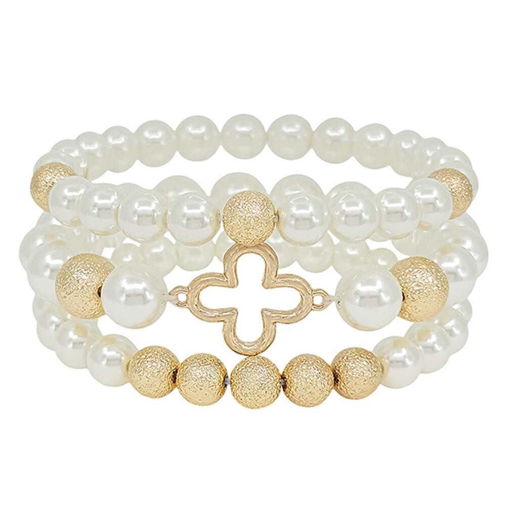 EMB-1381   3Set Clover Satin Ball Accent Pearl Bracelet