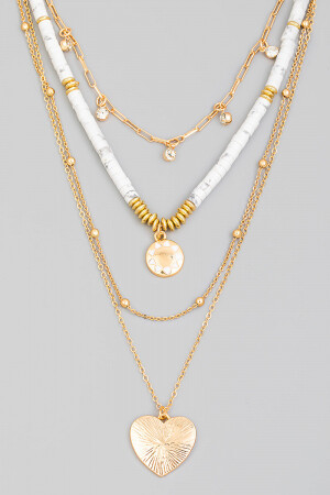 MMN8238   Layered Chain Bead Heart Pendant Necklace, Color: Gold