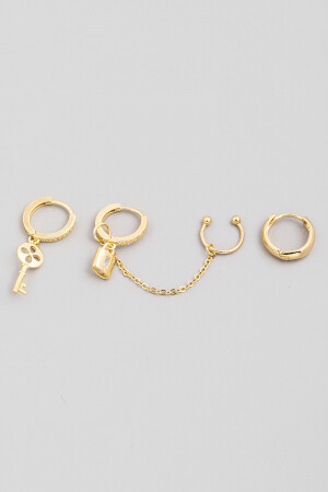 26921   Mini Lock Key Huggie Earrings Set   Gold