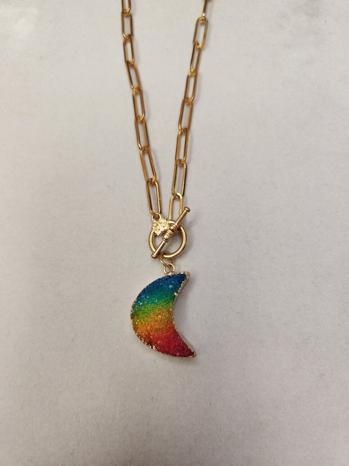 Rainbow Rock Crescent Moon Short Necklace