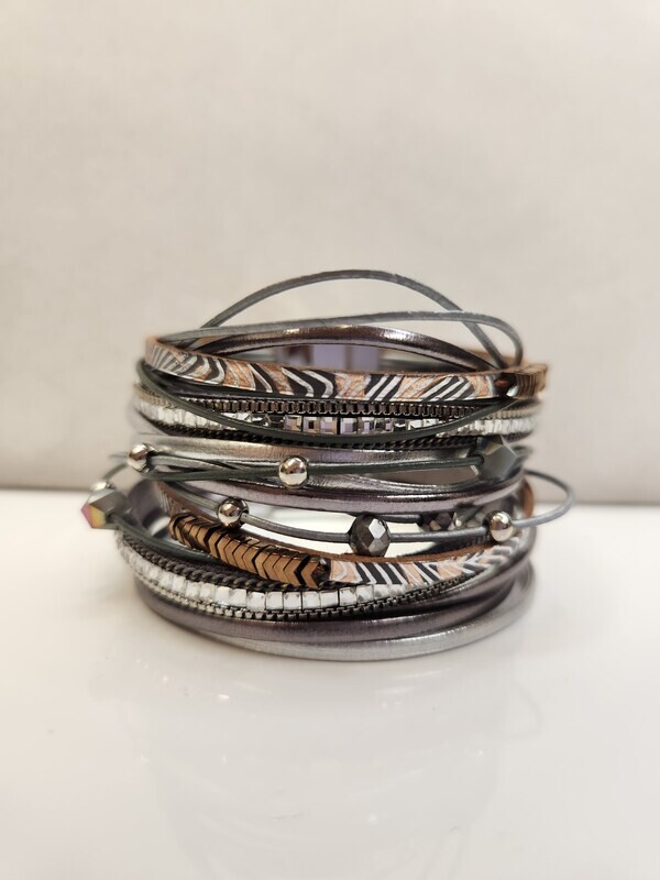 Magnetic Bracelet Silver and Grey Leather and Beads