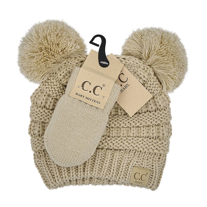 CC SOLID RIBBED BABY BEANIE HAT AND MITTEN SET