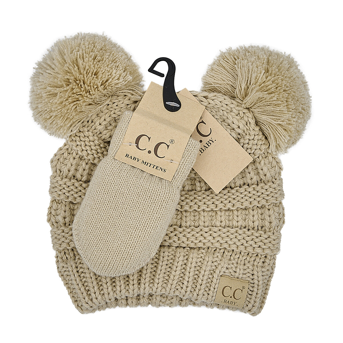 CC SOLID RIBBED BABY BEANIE HAT AND MITTEN SET, Color: Beige, Size: OS